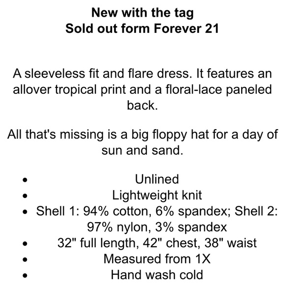 Women’s 1X Forever 21+ fit and flare skater dress tropical print with lace back - Picture 9 of 9